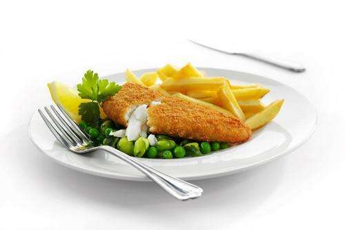 a plate of breaded cod fillets with a fork and a knife