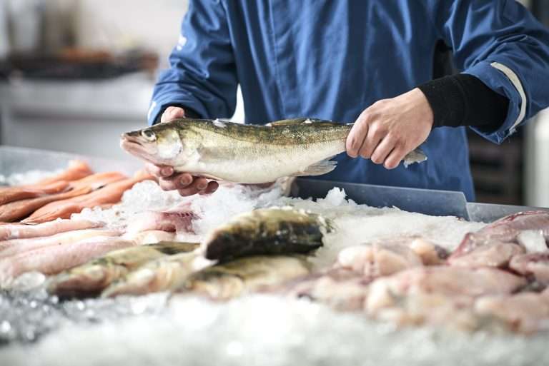 Holding up a cod for sale at a online fish counter