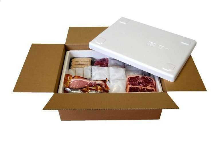 Box of meat for delivery in a polyst